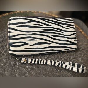 Zebra Print Zip Wristlet Wallet • Black & Ivory • Removable Strap • ID Window